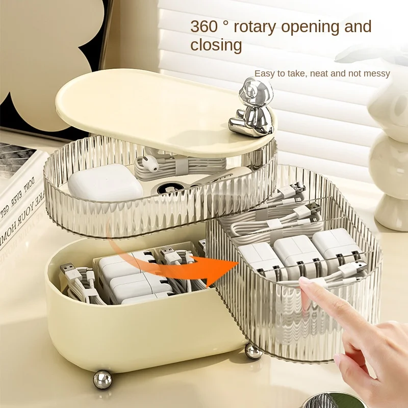 Instagram Wind Little Bear Data Cable Sorting and Storage Box Desktop Miscellaneous Storage Box 360 Rotating