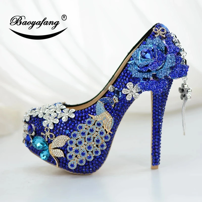 Women Crystal Wedding Shoes Luxury Royal Blue Bridal Party Dress Shoes Platform shoes for Ladies Flowers Thin Heels Pumps 14cm