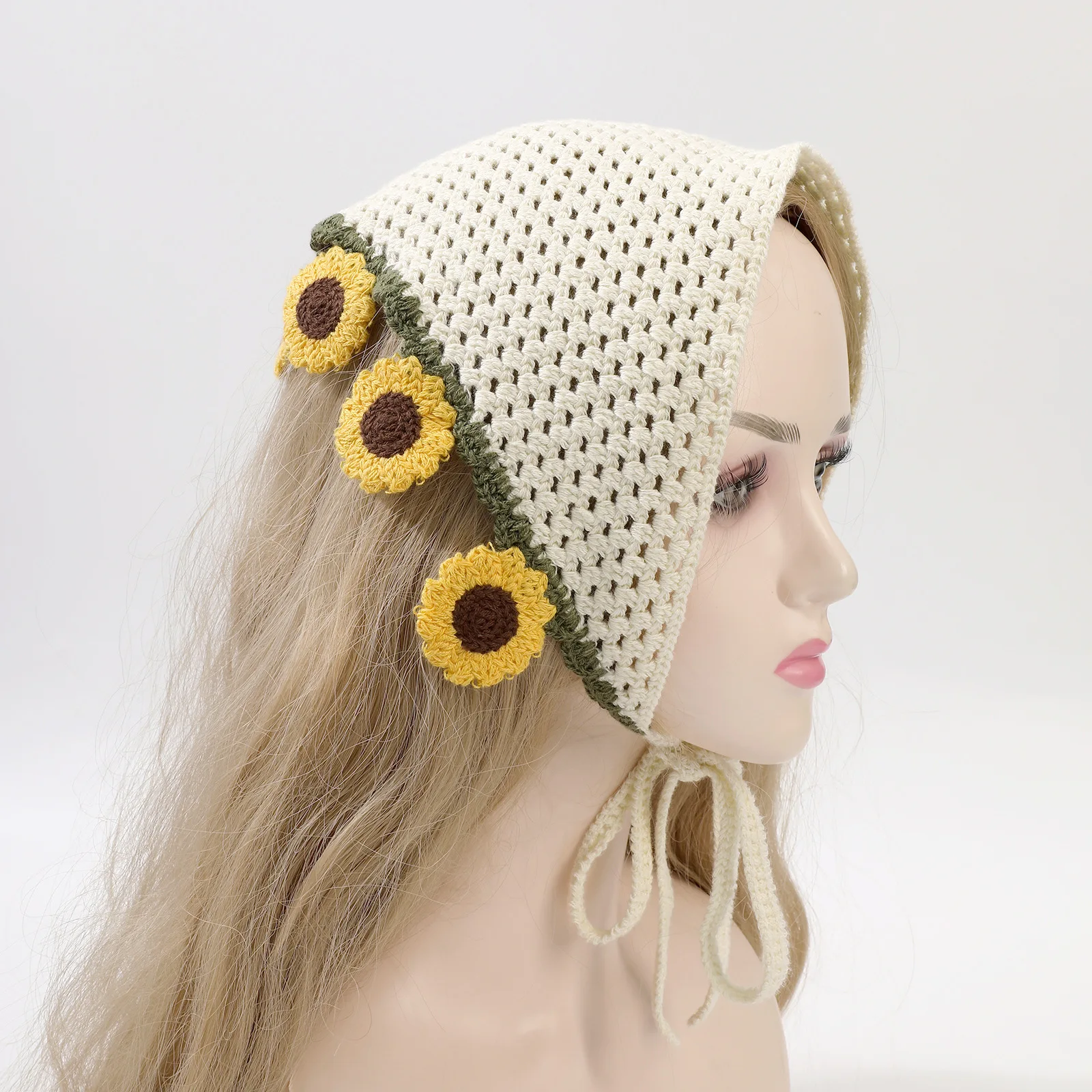 

New Style Hand-Knitted Tassel Scarf with Openwork, Breathable Hooded Hat with Colorful Flower Headscarf