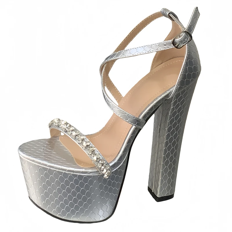 Aneikeh Glitter Fashion Ultra Square High Heels Buckle Strap Crystal Diamond Chunky Platform Women's Sandals Wedding Prom Shoes