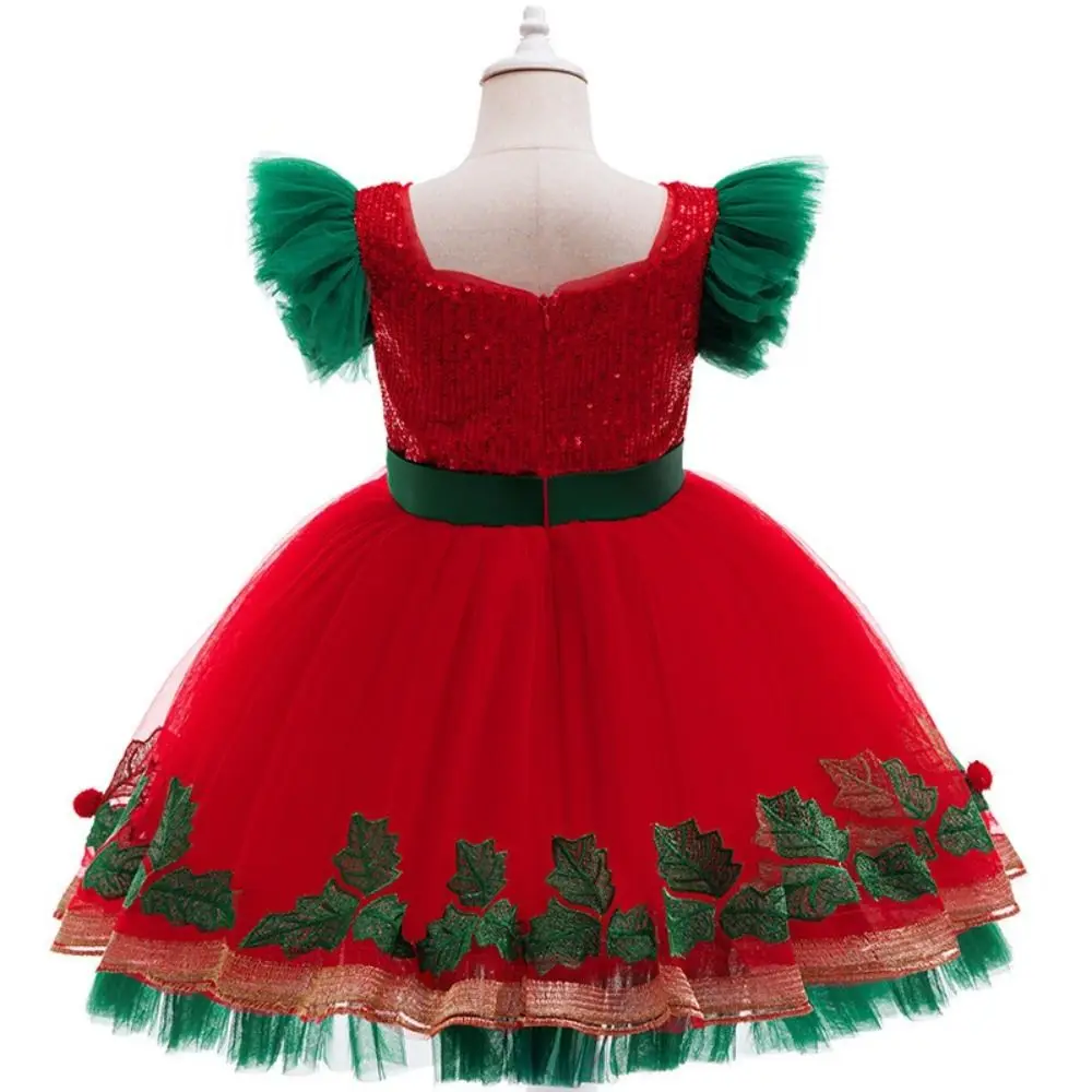 Mesh Puff Skirt Christmas Princess Dress Embroidered Tutu Skirt Lace Collar Christmas Dance Dress Fluffy Ball Gown Flying Sleeve