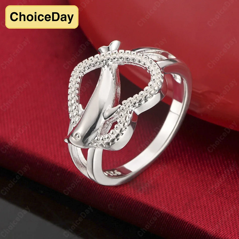 

ChoiceDay 925 Sterling Silver 7-10 Cute Heart-Shaped Dolphin Ring for Women Temperament Party Accessories Wedding