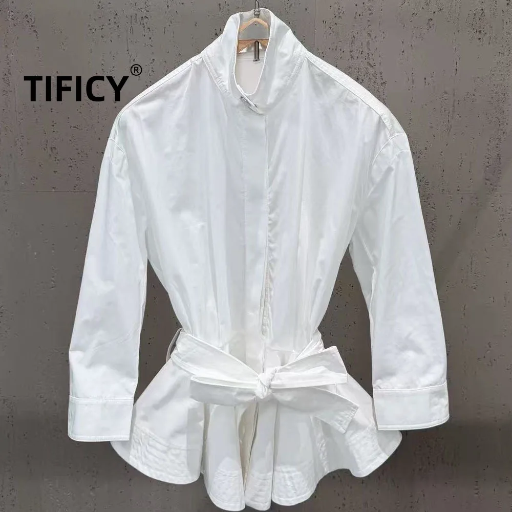 High Street Shirts Women's Stand Up Collar Long Sleeved Waistband Cinched Waist Ruffled Hem Fluffy Shirt Temperament