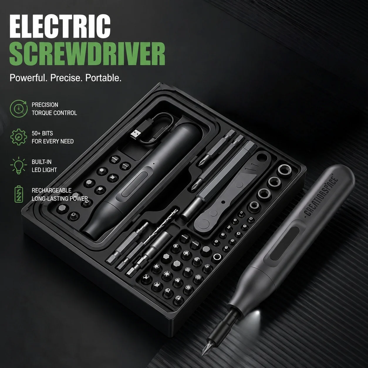 CREATIONSPACE Electric Screwdriver Kit,43 Bits Magnetic Box High Speed Motor Magnetic Storage Box for Phone Laptop Home Repair