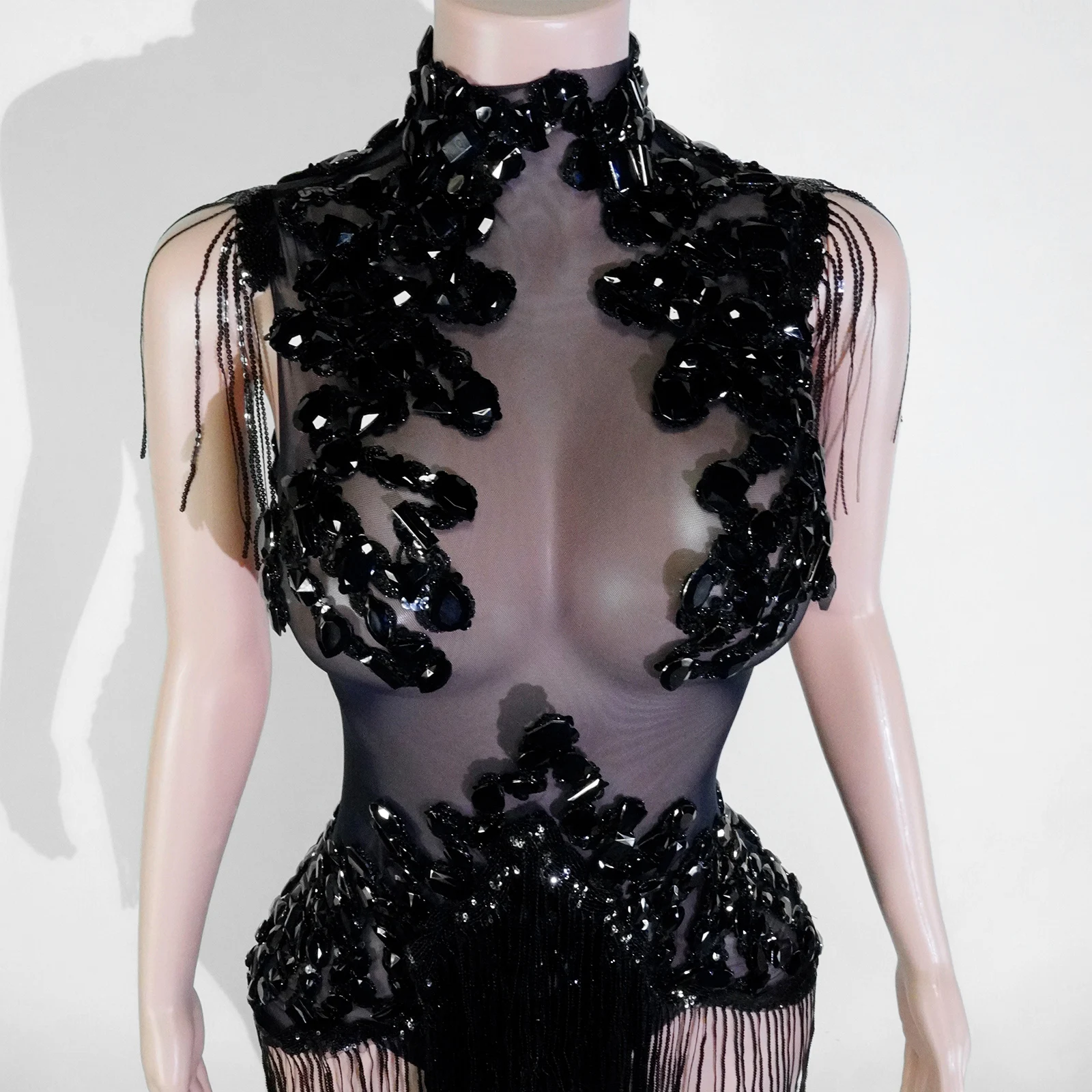 ショーガールコスチューム スパークルブラックラインストーン シースルーボディスーツ フリンジスパンコール ダンスウェア パフォーマンス ドラッグ ナイトクラブ セレブレート