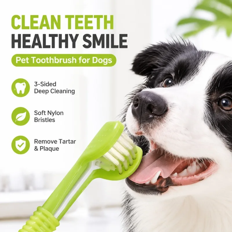 Cepillo de Dientes para Mascotas de Tres Cabezas con Cerdas Suaves, Cuidado Dental Canino y Felino, Eliminador de Sarro, Limpieza de Placa, para Cachorros, Gatitos y Mascotas Grandes