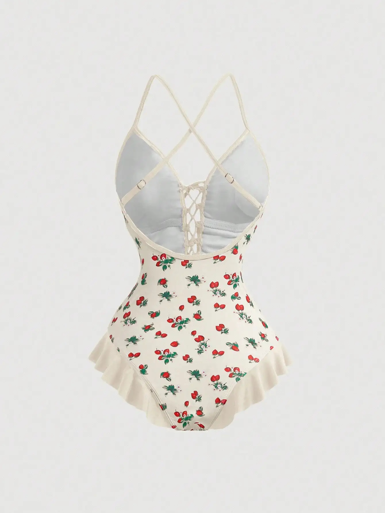 

Strawberry Print Ruffle One-Piece Swimsuit With Front Tie And Crisscross Back