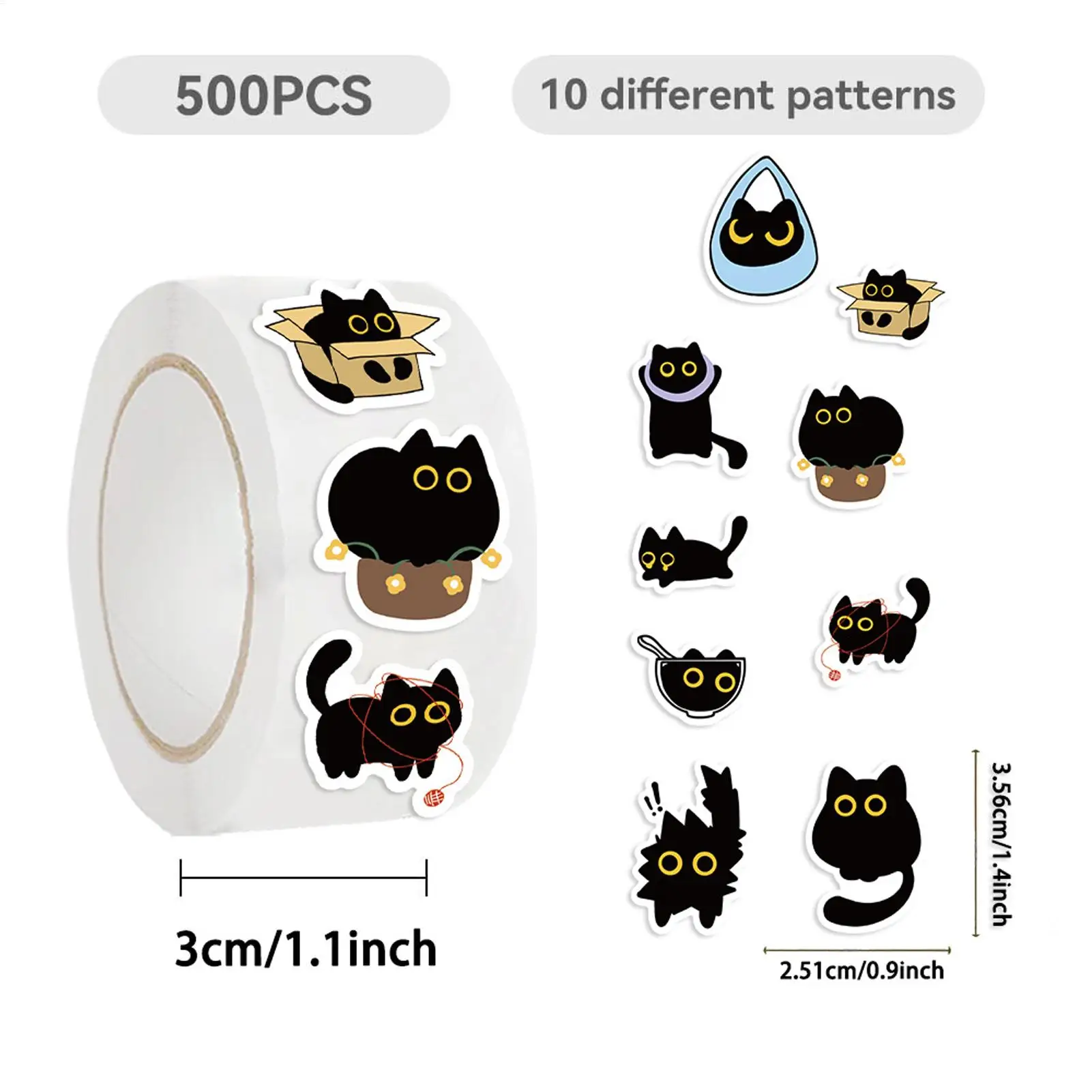 Cat Stickers Roll Funny Cartoon Black Kitten Laptop Stickers 500 Sheet/Roll Aesthetic Cat Decals For Scrapbooking Journal