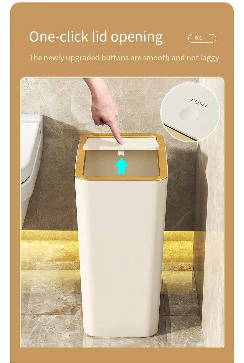 

Press-Top Pop-Up Slim Trash Can For Tight Spaces, One-Touch Lid Opening, Airtight Odor Lock, Extra-Large Capacity