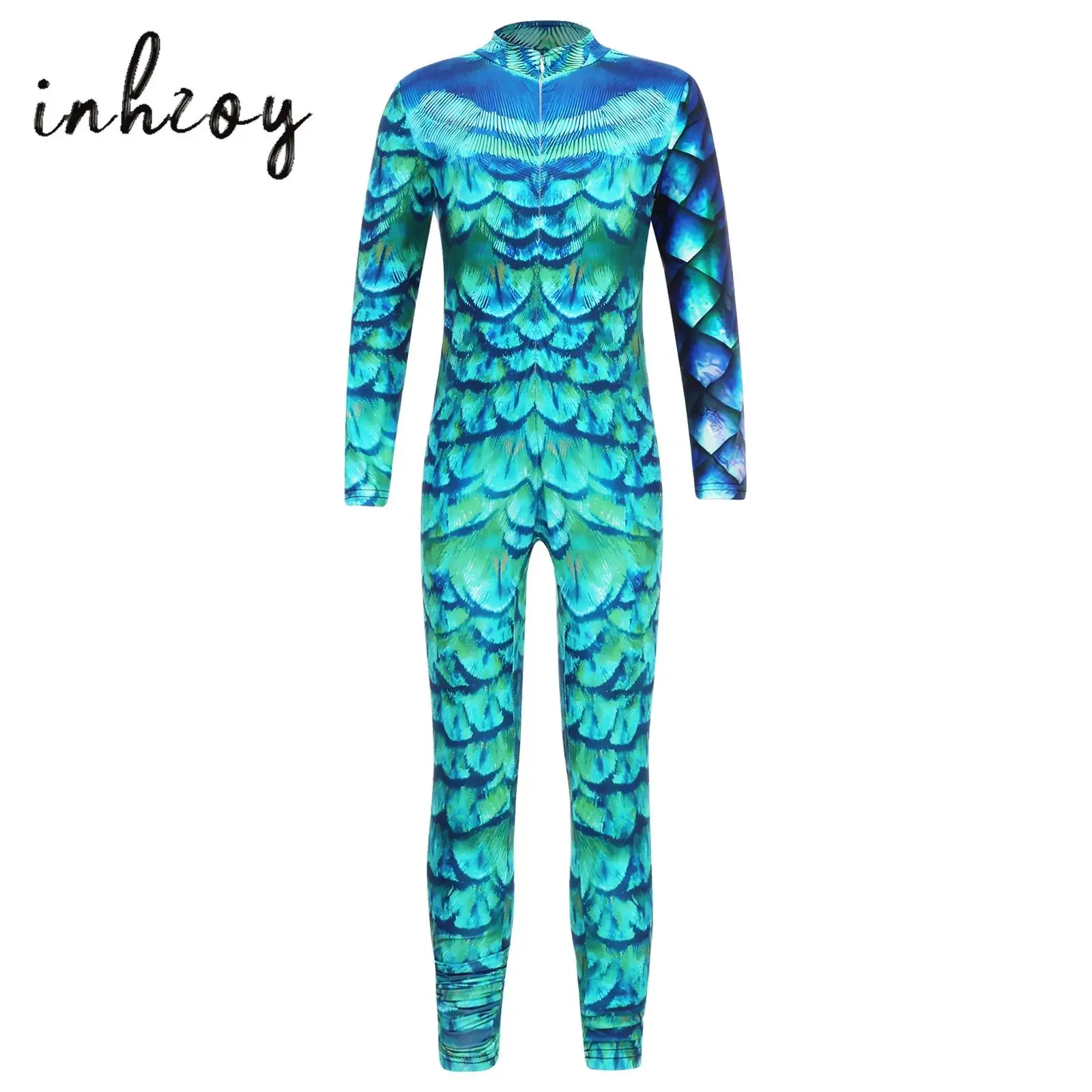 

Kids Girls Print Jumpsuit One-piece Swimwear Long Sleeve Slim Zipper Rompers Gymnastics Sport Leotard Halloween Cosplay Costume