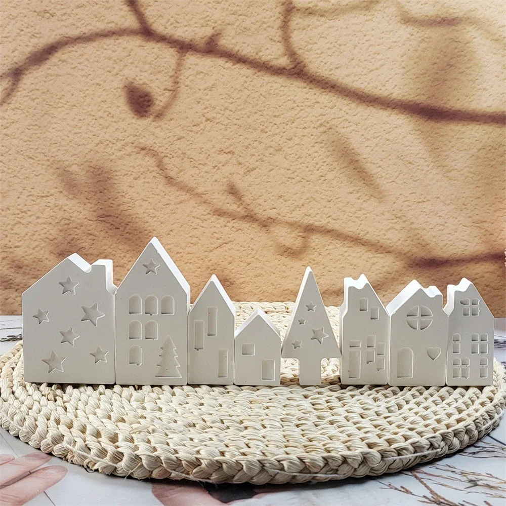 A Row of Mini House Gypsum Plaster Silicone Molds DIY Star Windows Tree Door House Cement Concrete Mold Craft Resin Glue Mold