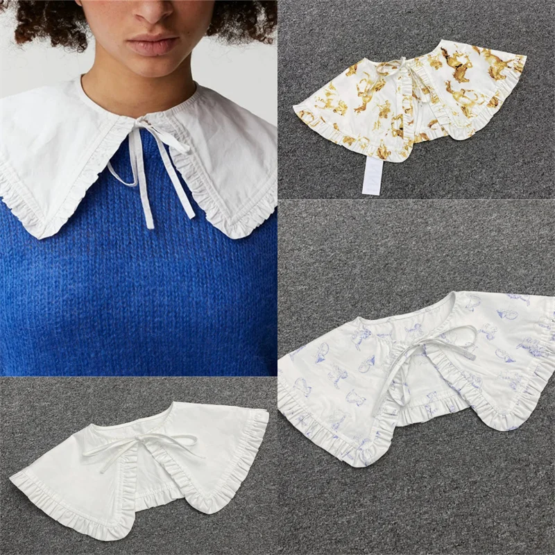 French Ruffle Fake Collar Tie Neck Shawl Women Detachable Peter Pan Collar Blouse Shirt Top Accessory