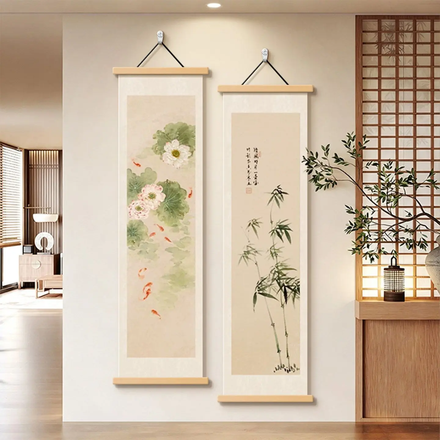 Wall Art Lotus Flowers and Nine Koi Pearlescent Canvas Hanging Scroll with Wooden Rods for Entryway Hallway and Tea Room