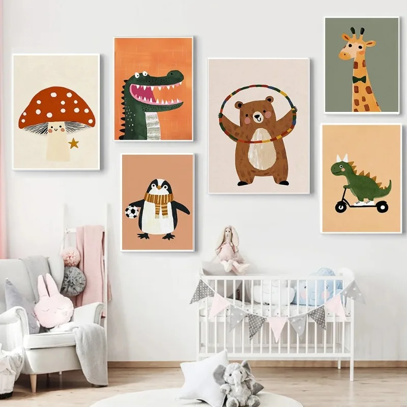 Funny Animals Rabbit Tiger Bear Sports Dinosaur Skateboard Posters Prints Wall Art Canvas Nursery Pictures for Kids Room Decor
