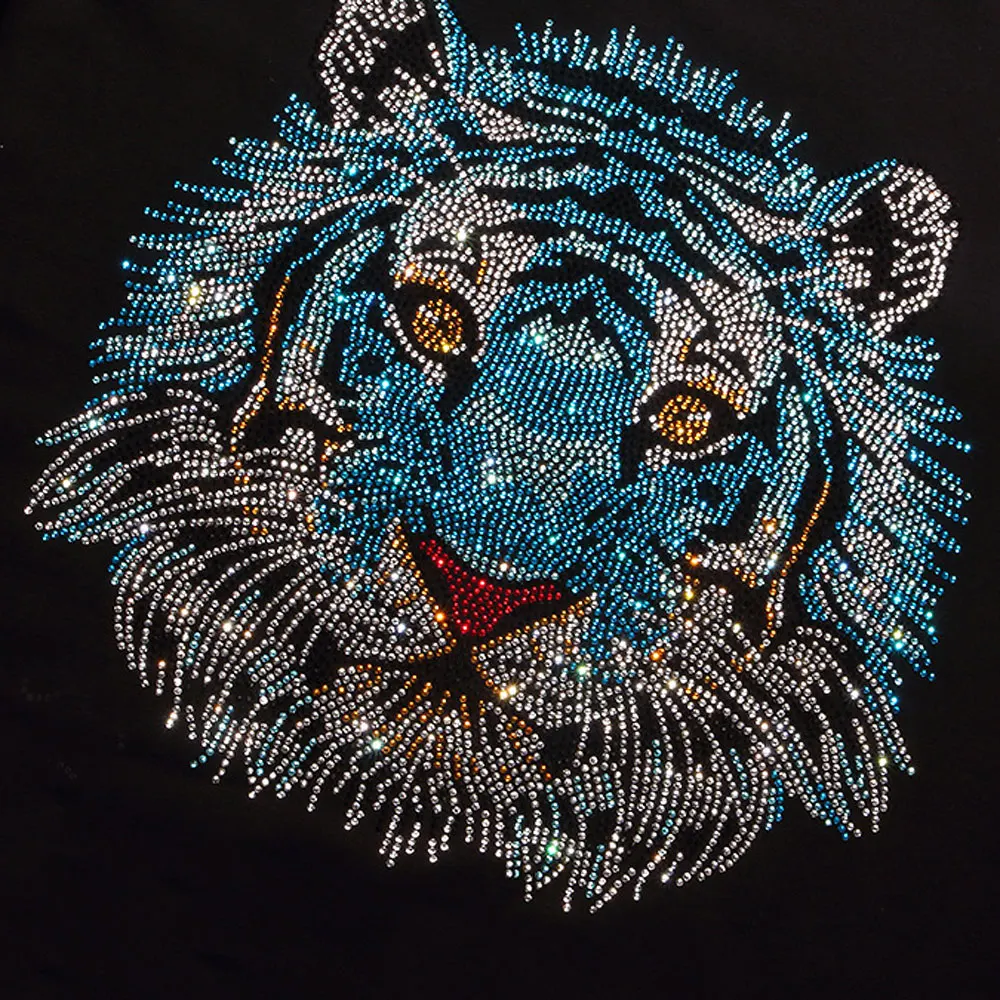 Men\'s Brilliant Tiger Diamond T-Shirt For Men Cotton Short Sleeve Rhinestone 3D Print T Shirts Tops Tee Fashion Man Clothes