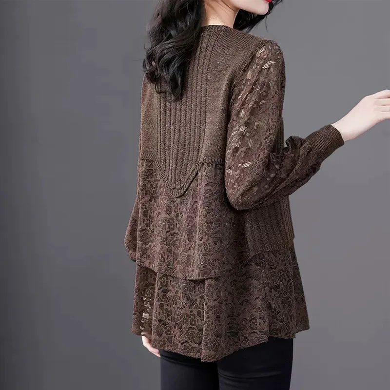 Chemisier faux col rond pour femme, chemise surdimensionnée en dentelle, à la mode, Patchwork, ourlet irrégulier, haute qualité, automne 2022, 2 pièces