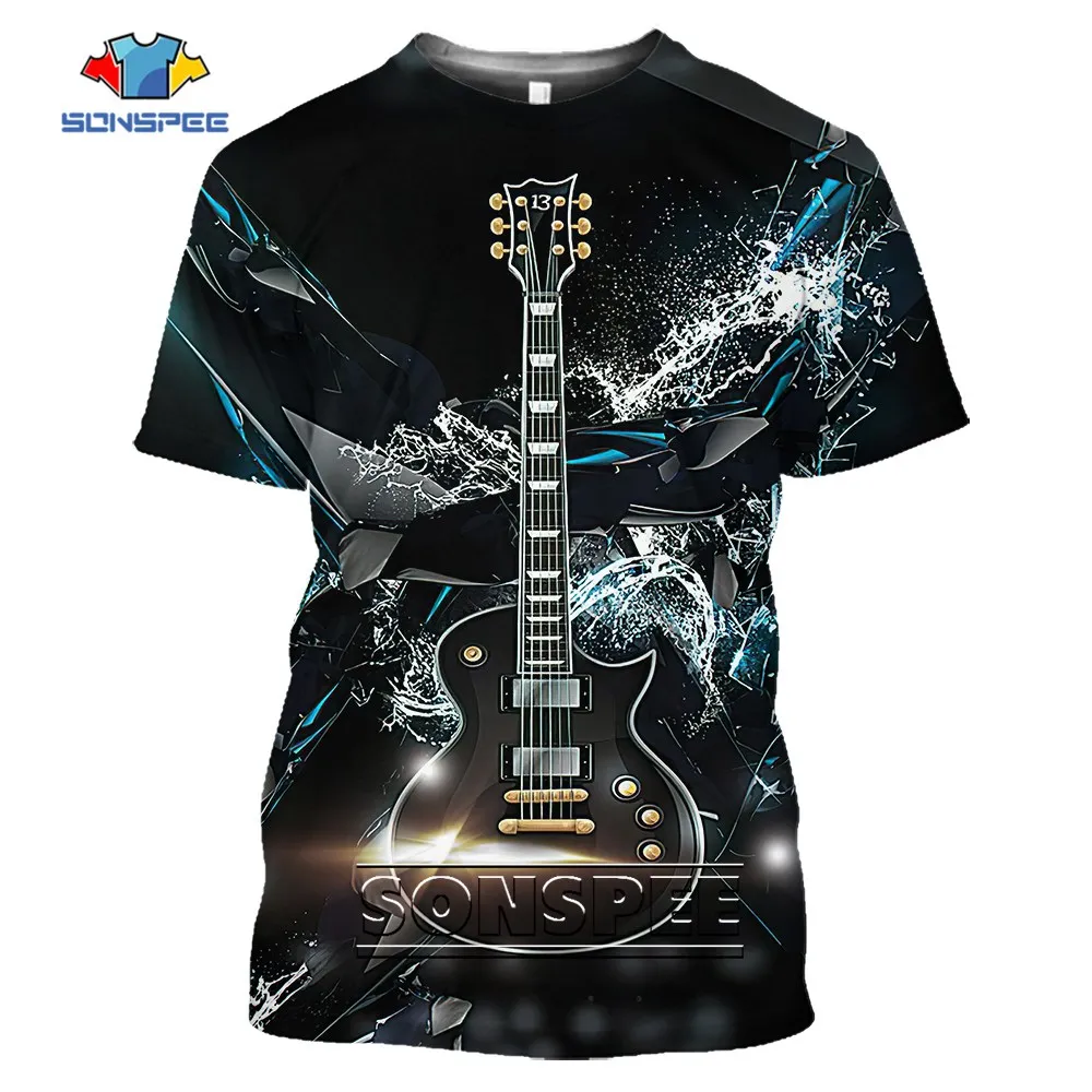 SONSPEE Sax Violin 3D Printed Musical Instrument Rock Garment Summer Cool Punk Retro Guitar Rock Short Sleeve  Sportswear