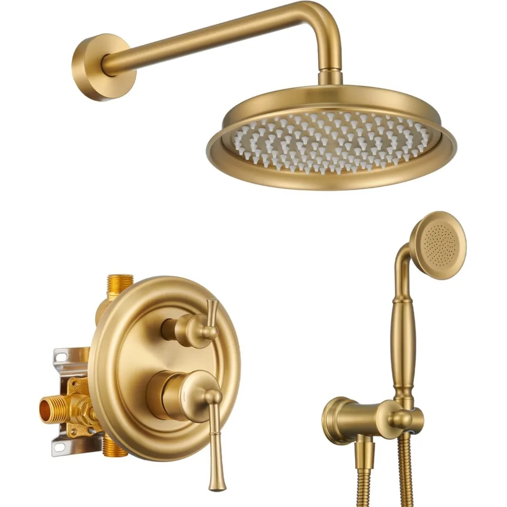 

Brushed Gold Shower System with 9 Inch Rainfall Head and Handheld, Including Balanced Pressure Valve