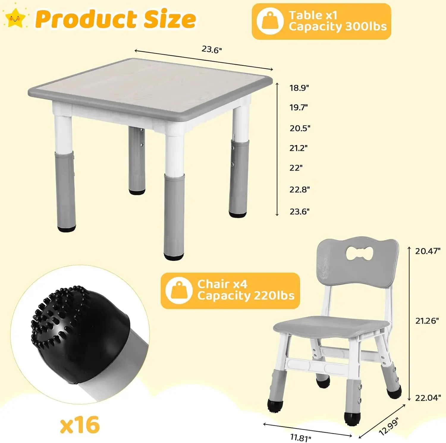 Kids Table and 4 Chairs Set, Anti-Slip Toddler Activity Desk | Height Adjustable ((18.9