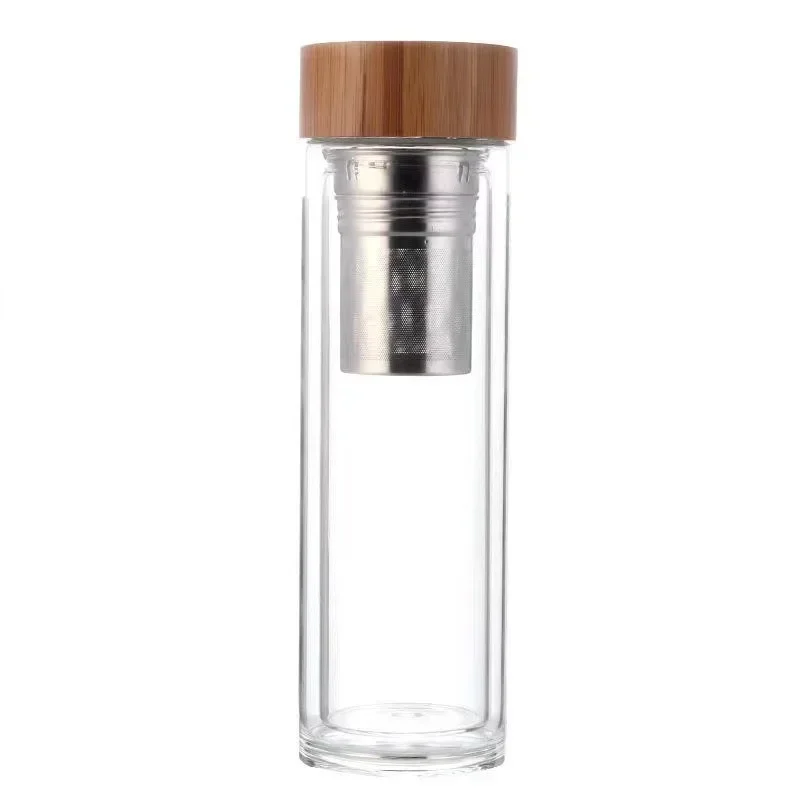 300/400/500ML Stainless Steel Double Wall Glass Water Bottle Filters Bamboo Lid Travel Home Tea Infuser Office Thicken Tea Cup