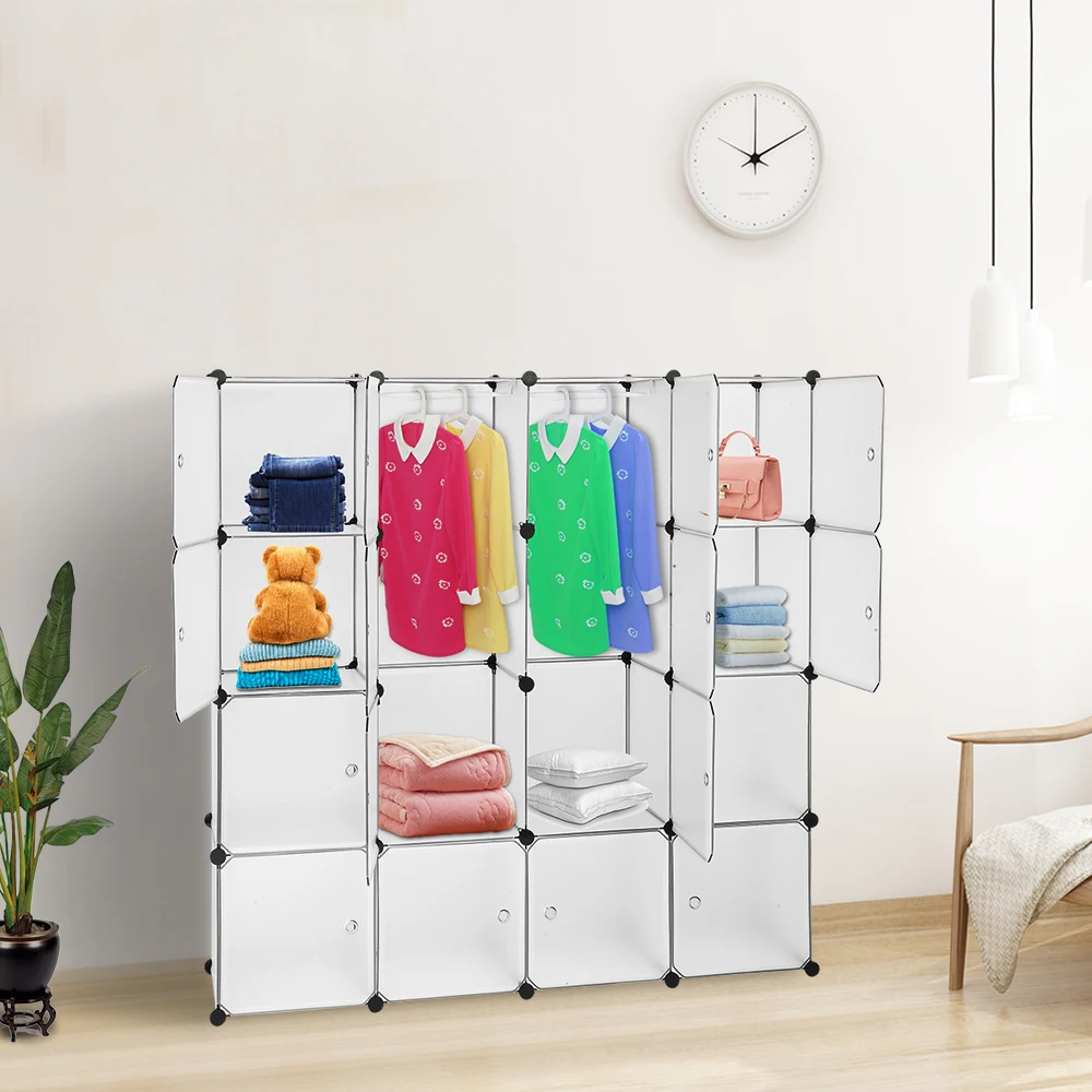 Modular Closet Organizer Plastic Cabinet, 16 Cube Wardrobe Cubby Shelving Storage Cubes Drawer Unit, DIY Modular Bookcase Closet