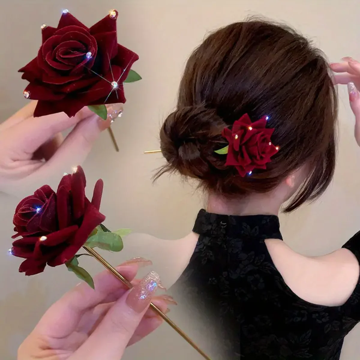 Temperament: Water Diamond, Red Rose, Pan Hairpin, Women's Simple New Hairpin,Elegant Ancient Style Hair Accessories