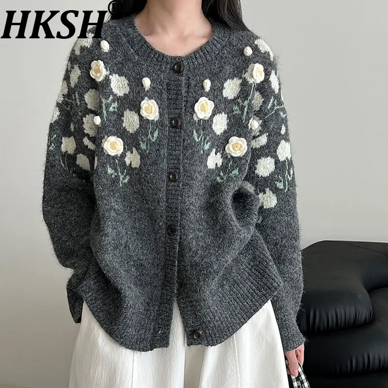 

HKSH осенний новый женский свитер вязаный кардиган трехмерная вышивка цветок однобортное винтажное модное пальто HK12879