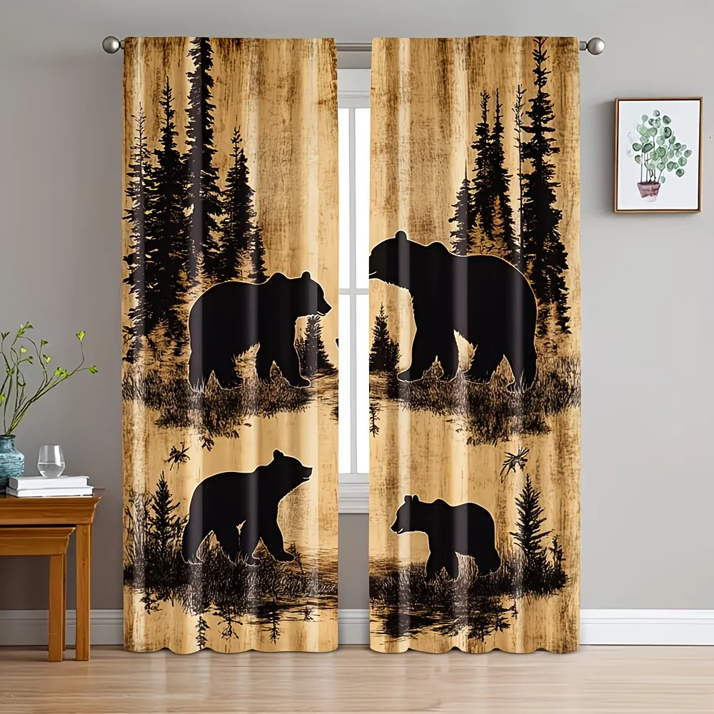 

2Pcs Curtain Retro Little Bear Woods Window Drapes for Bedroom Living Room Decoration Window Treatment.