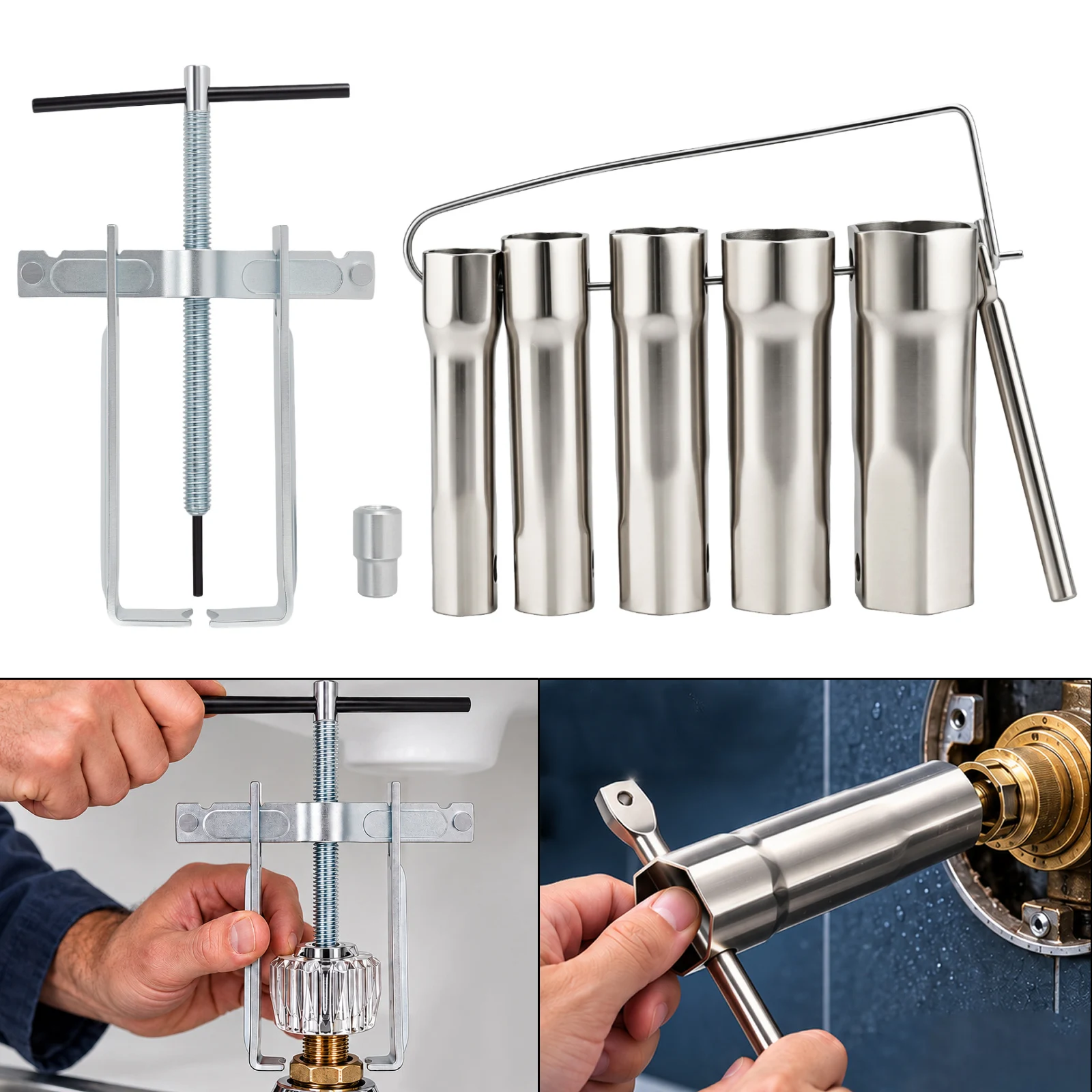 3.5 in Adjustable Faucet Handle and Compression Sleeve Puller with 1/2 in Adapter,5-Piece Shower Valve Socket Wrench Set