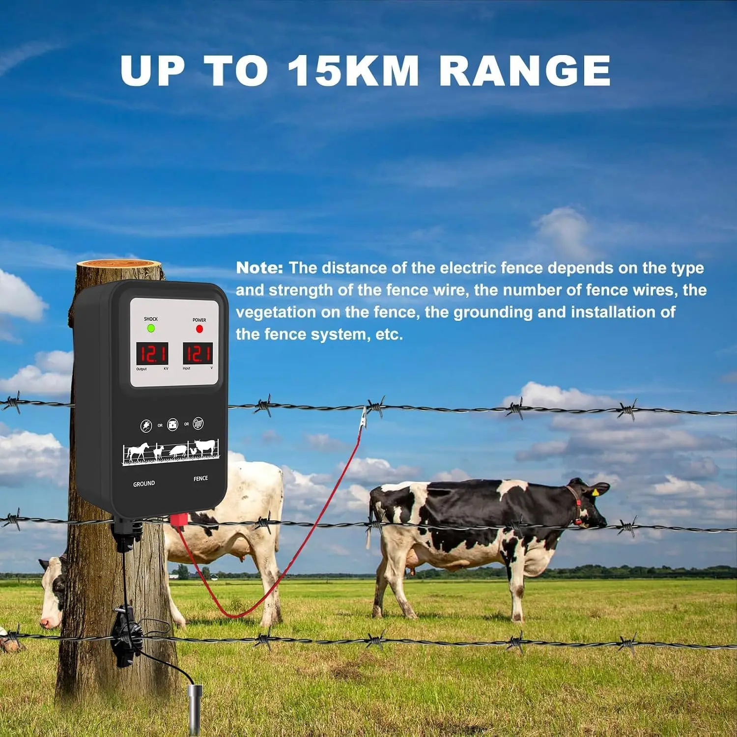 Electric Fence Charger 2J 12Kv Electric Fence for Livestock Electric Fence 9.32 Mile/15Km Plug-In Electric Fence Power Supply