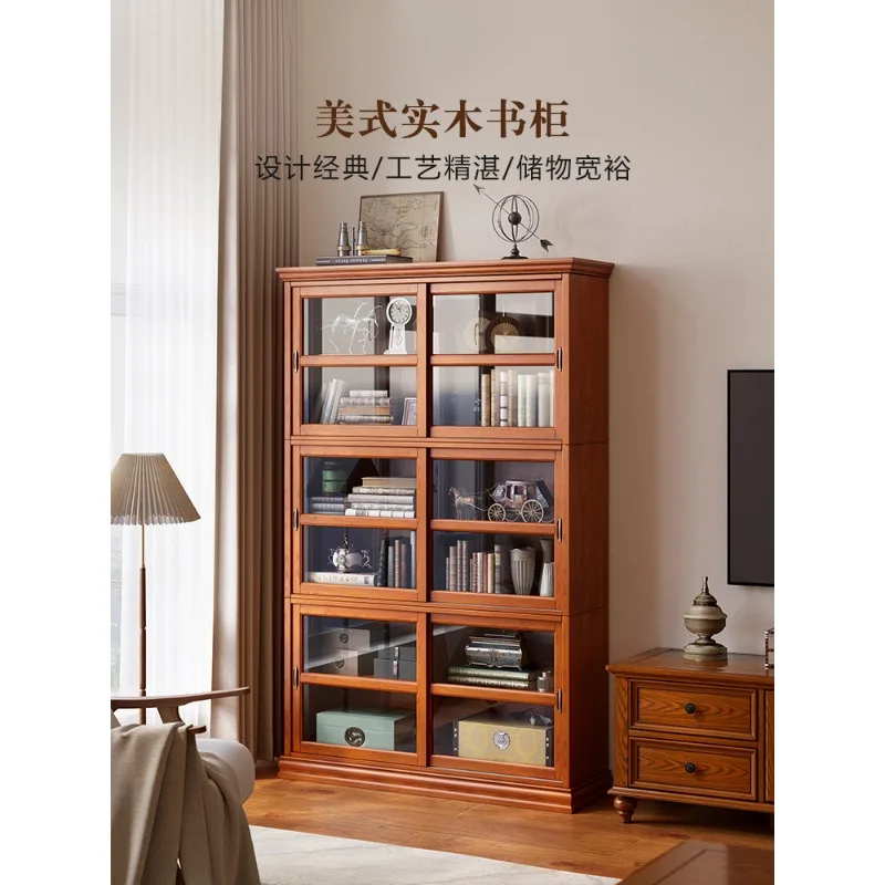 American solid wood bookcase with glass door dust-proof household retro display cabinet living room floor sliding door bookshelf