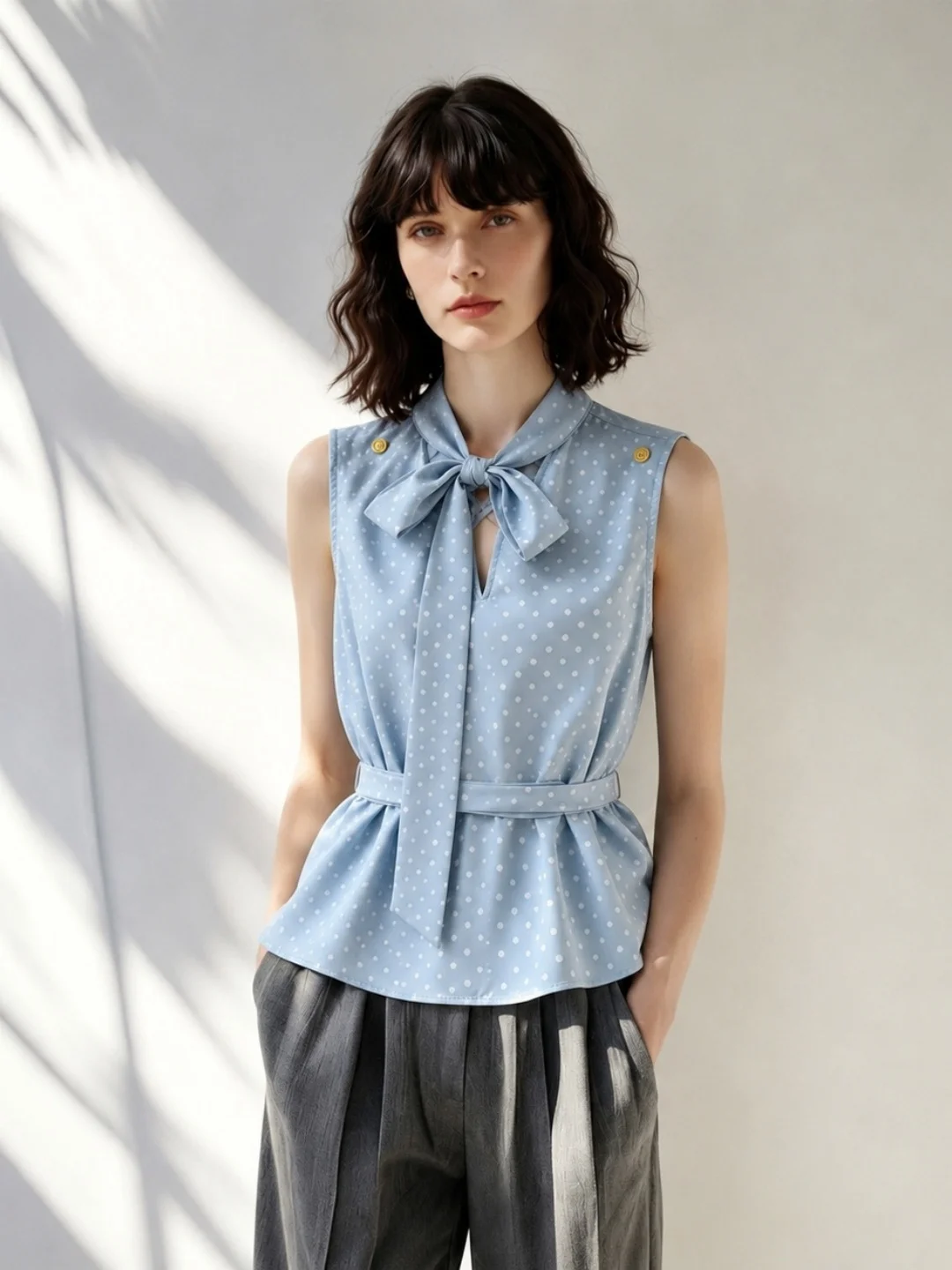 Trendy  Knot Design Polka Dot Vest Summer Lightweight Maturity Waist Cinching Sleeveless Women's Top Korean Style St...