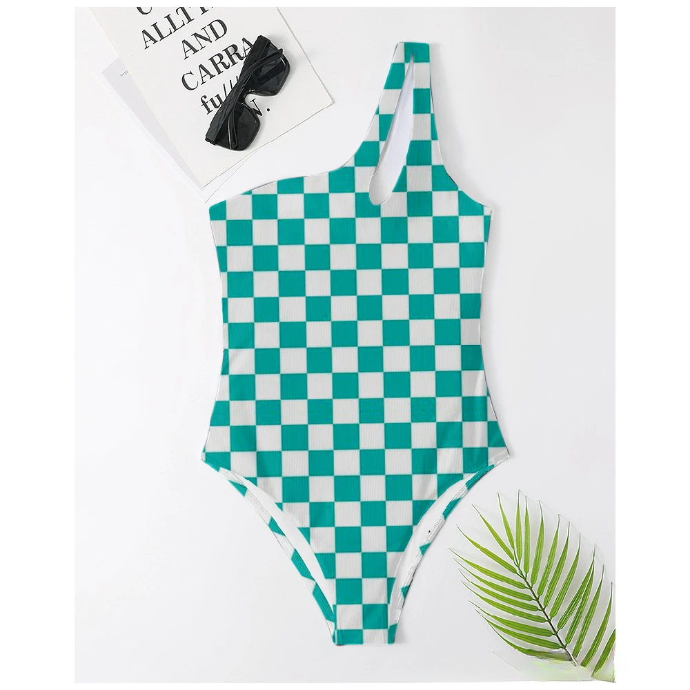 

One Piece Sexy Swimsuit Bikini Colorful Pink Plaid Pattern Printed Casual Swimwear Beach Swimming Sportswear Women Clothing