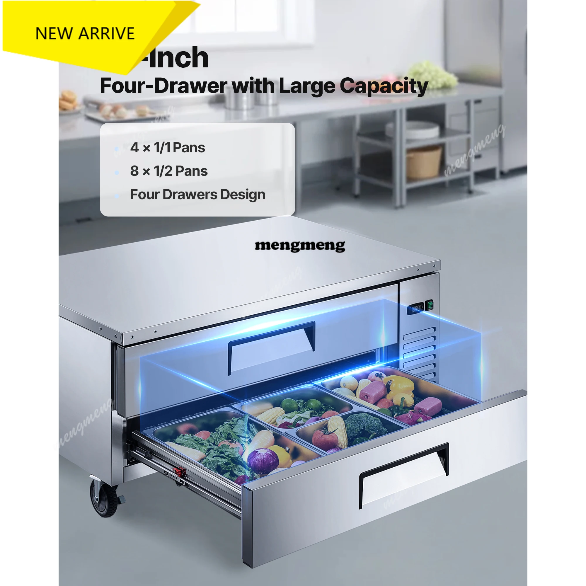 Chef Base Refrigerator 52 Inch W Commercial Chef Bases Worktop Refrigerators 2-Drawer Under Counter Fridge with 8 Pans
