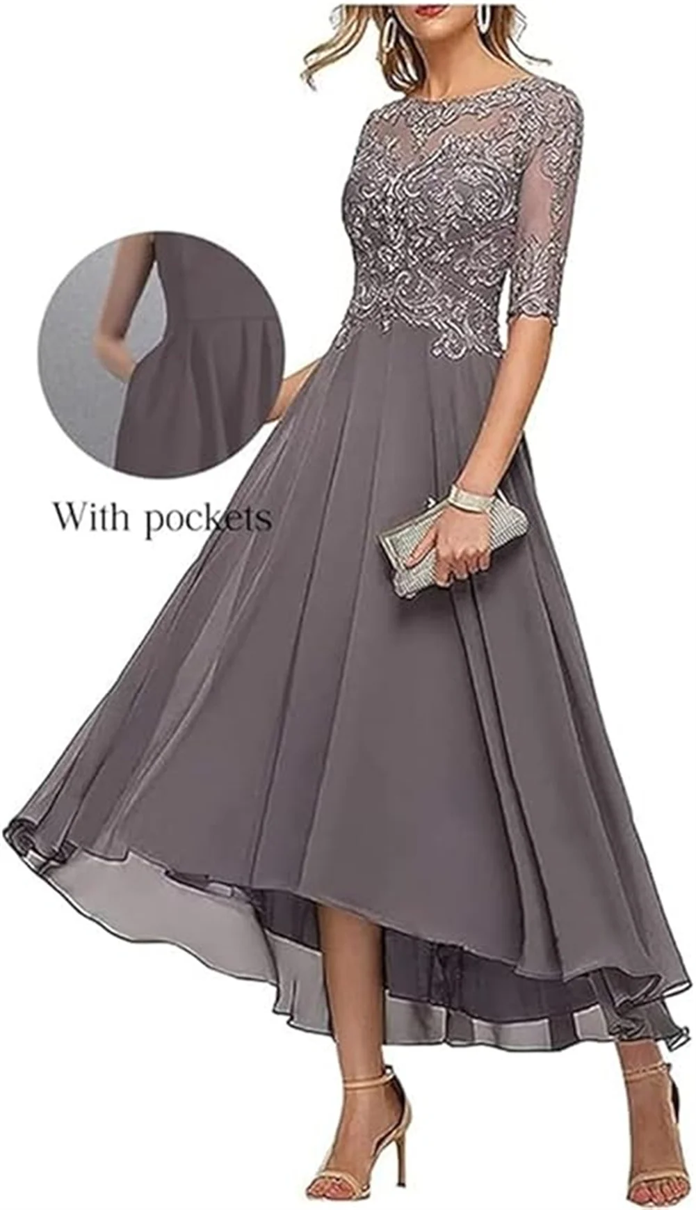 ชุดผ้าชีฟองปักลายลูกไม้สำหรับคุณแม่ของเจ้าสาวชุดงานพรอมสำหรับงานแต่งงานแขน3/4ชุดเดรสสำหรับงานเลี้ยงตอนเย็นเป็นทางการสำหรับผู้หญิง