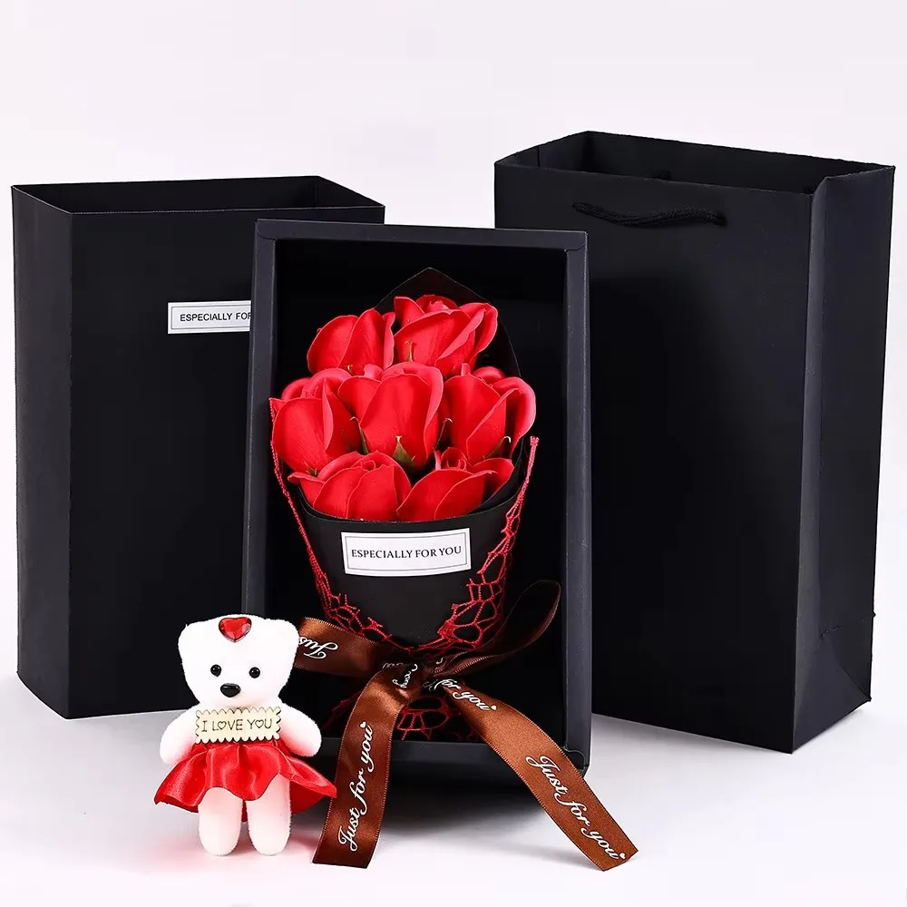 7 رؤساء الورد الاصطناعي باقة الدب الصغير هدية صندوق عيد الحب اليدوية كاذبة زهرة باقة عيد الأم حفلة عيد ميلاد G