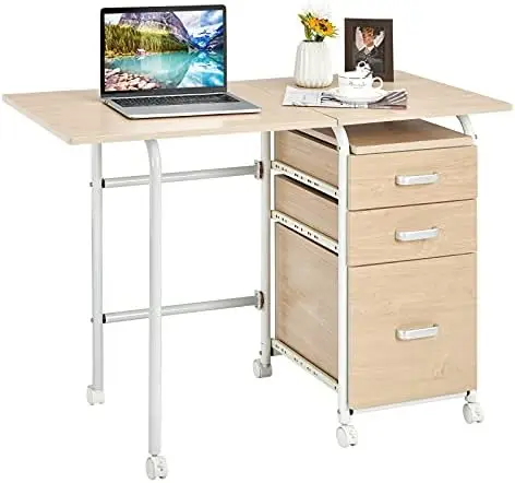 

Folding Computer Desk with 3 Drawers, Mobile Office Desk Study Writing Desk with Smooth Wheels, Space Saving Compact Desk for