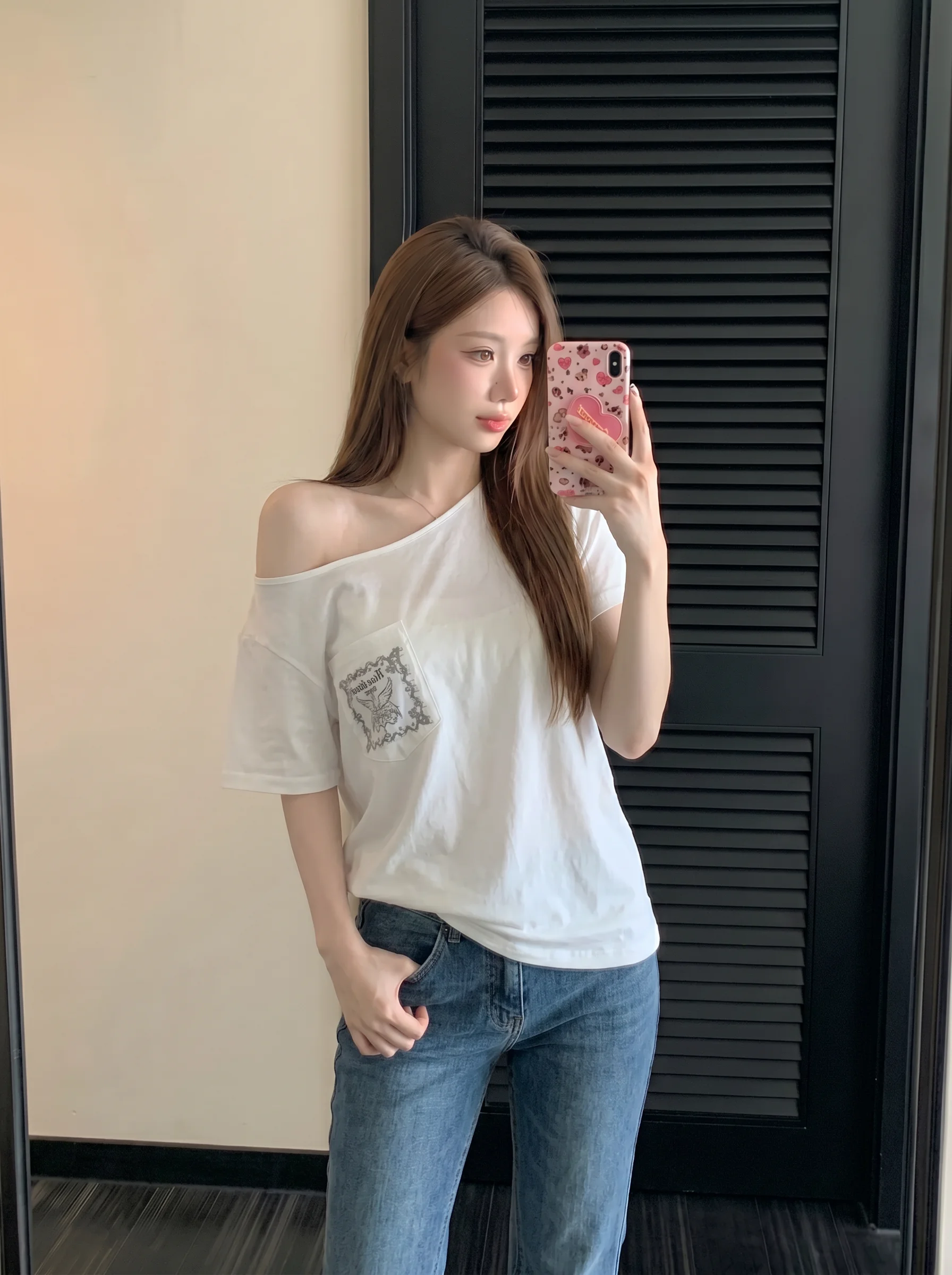 

Retro American Lazy Style Printed Shoulder Bared Pocket T-Shirt Women Summer Loose Short Sleeve Versatile Top High Waist
