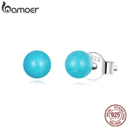 Bamoer Genuine 925 Sterling Silver Simple Turquoise Stud Earrings for Women Fine Jewelry Beads Piercing Earrings Party Gift