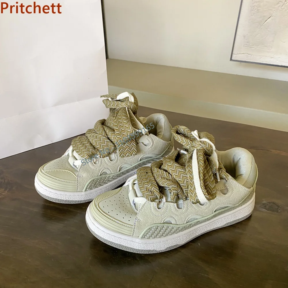 Round Toe Patchwork Sneakers Cross Lace Up Chunky Heels High Increasing Shoes Mixed Color Breathable Flat with Sports Shoes