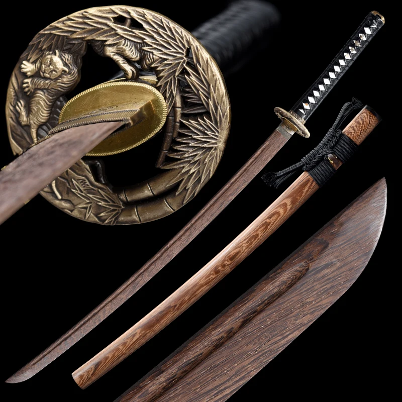 

Japanese Katana Wood Blade Rosewood Saya Real Handmade Full Tang Ready Battle 41 Inch Brass Tiger Tsuba Wooden Samurai Swords