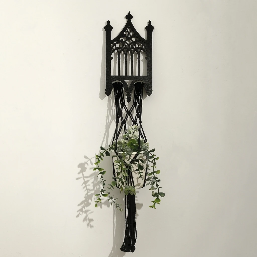 Bohemian Black Woven Wall Basket Gothic Style Hanging Organizer Rack for Bedroom Living Room