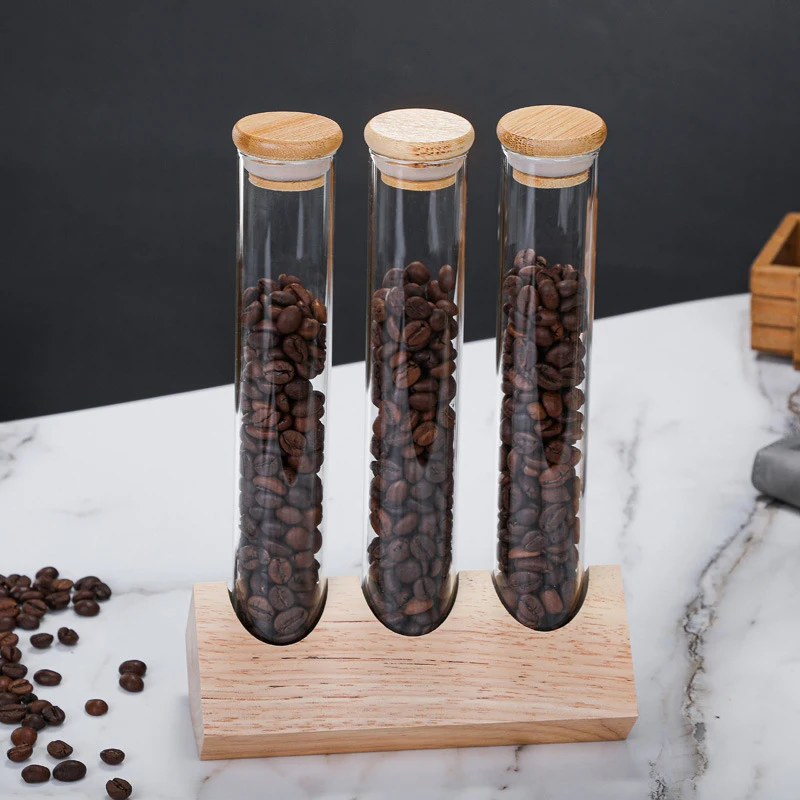 Wooden Coffee Beans Display Rack Stand Flower Tea Storage Jar Sealed Bottle 150ml Transparent Glass Test Tube with Cork Stopper