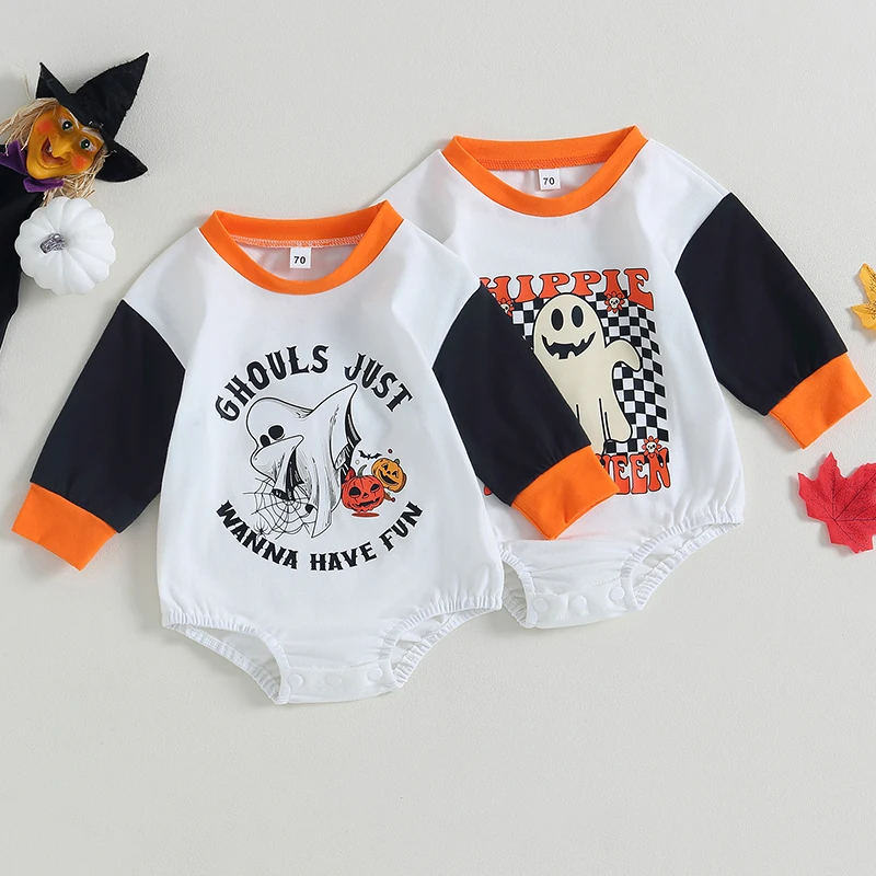 

Baby Girls Boys Sweatshirts Rompers Halloween Clothes Pumpkin/Ghost Print Contrast Color Long Sleeve Jumpsuits Fall Bodysuits