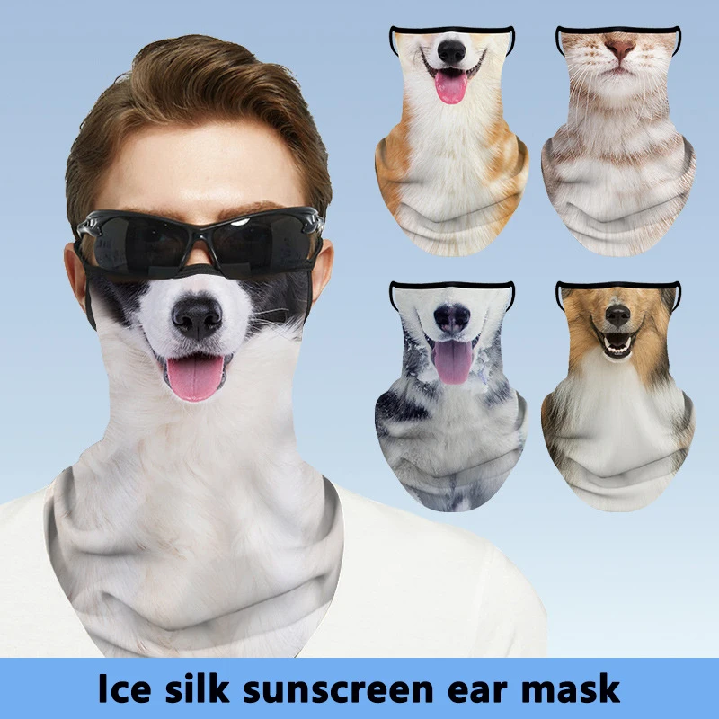 3D Printed Cat Dog Pattern Sunscreen Scarf  Neck Gaiter Hanging Ear Face Mask Cycling Sports Hiking Running Breathable Bandana