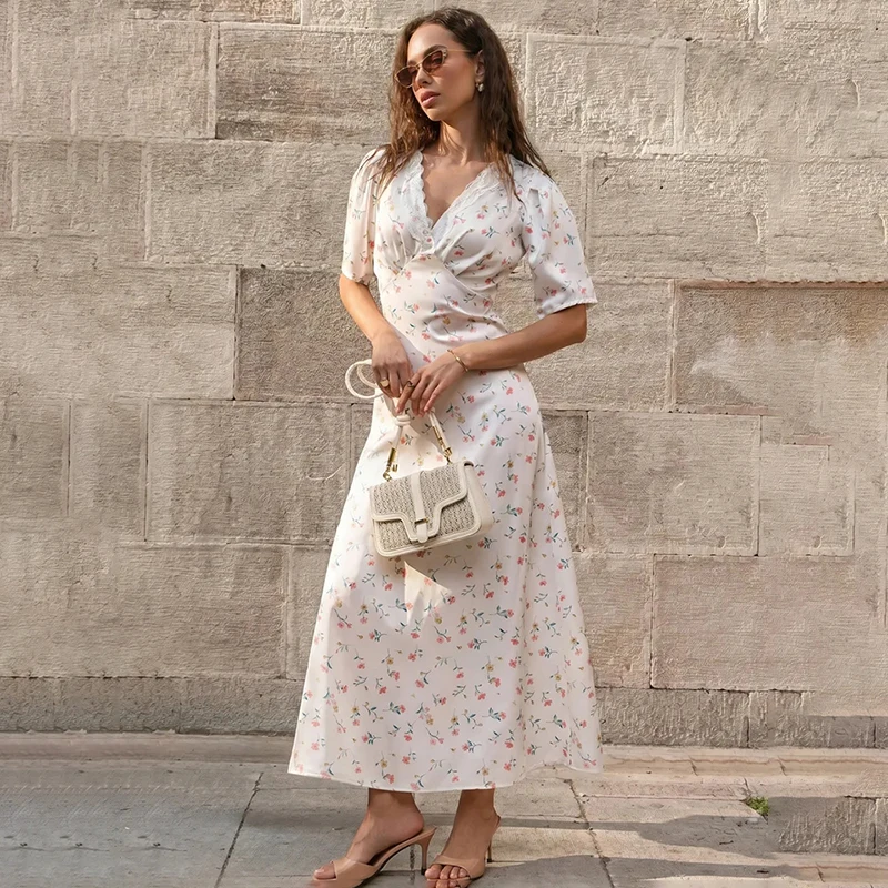 TARUXY Women's Floral Maxi Dress V Neck Short Puff Sleeve Lace Trim High Waist Slim Summer Casual Vacation Party Beach Dress 2