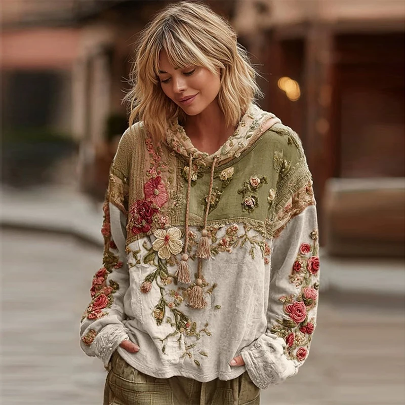 عادية الفرنسية زهرة هوديي المرأة الخريف الربيع Y2K هوديي الأزهار طباعة هوديي فضفاض رقيقة بولو الرقبة معطف المتضخم جديد