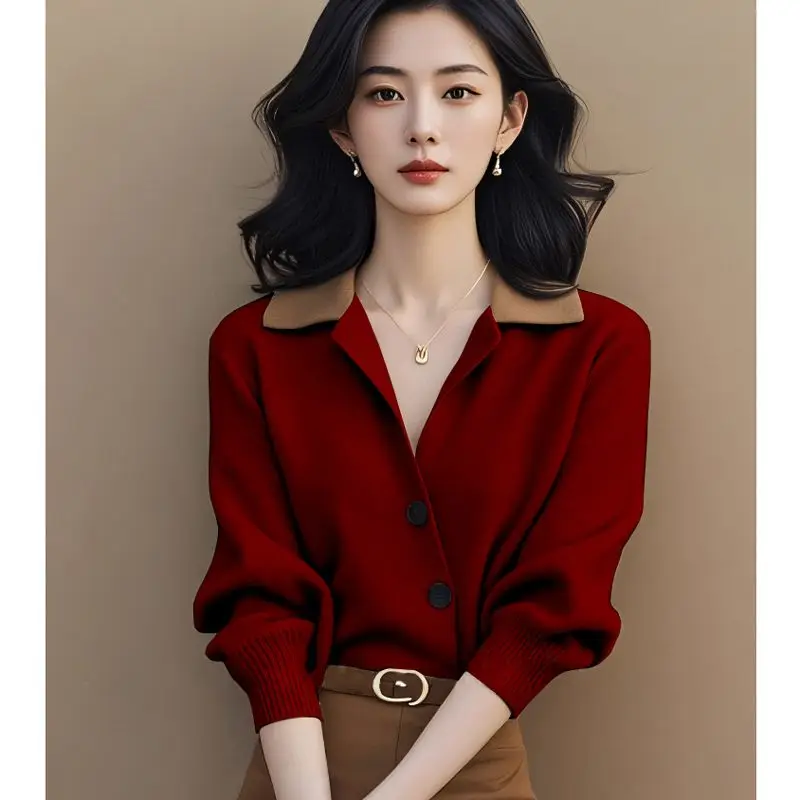 

Женский вязаный свитер во французском стиле с лацканами, модные ретро-модные ленивые лоскутные универсальные осенние топы