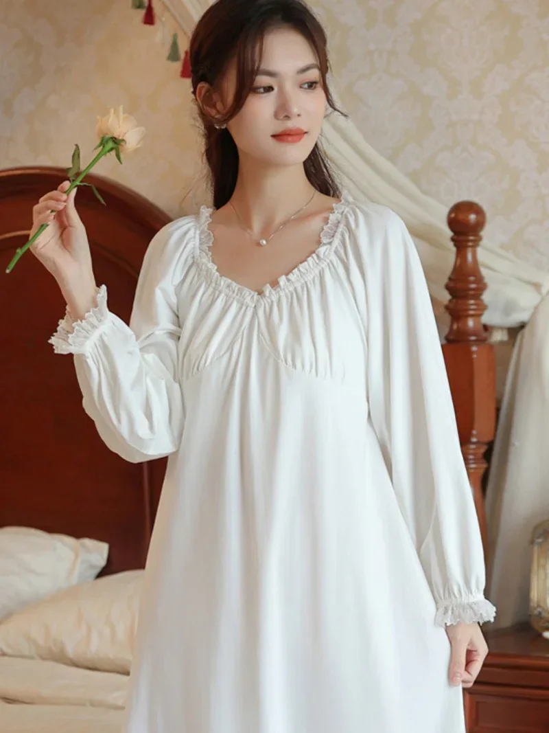 Women Long Sleeve Victorian Nightgowns Night Dress Spring Cotton Ruffles Fairy Pajamas French Vintage Princess Loose Sleepwear