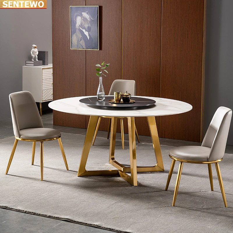 Designer Luxury round Marble Rock Slab dining table set 4 6 chairs mesa tavolo furniture meuble marbre Stainless steel gold base